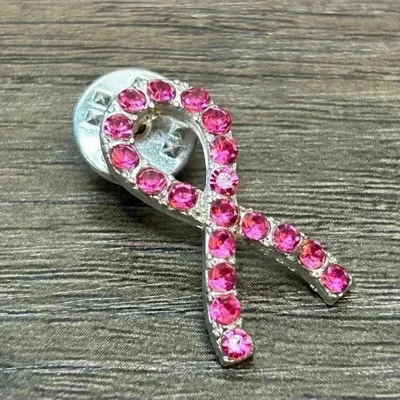 Silver Tone Pink Gems Breast Cancer Awareness Ribbon Pin - Picture 1 of 2
